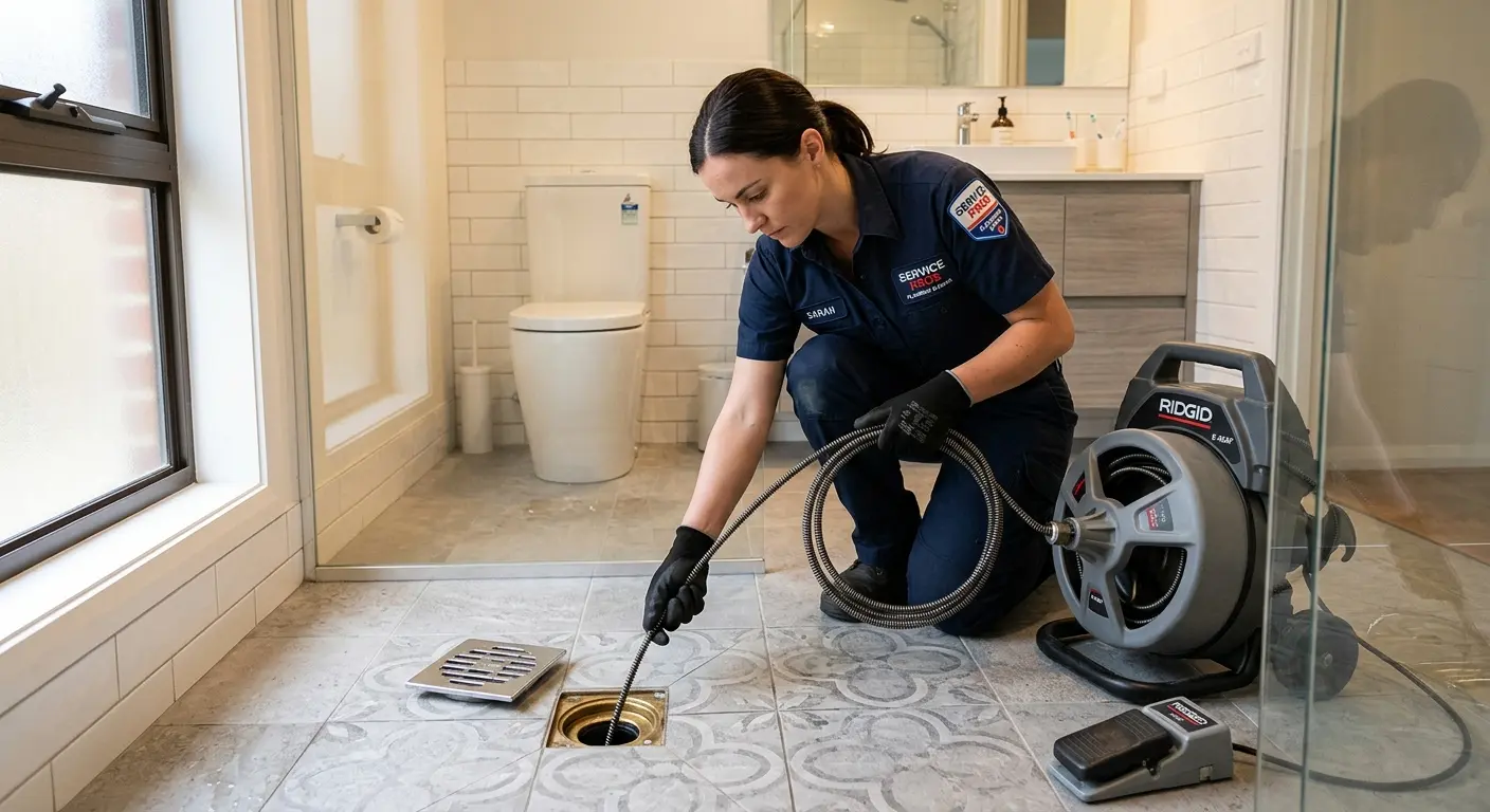 Technician clearing a bathroom floor drain for Hydro Jetting in Shamong